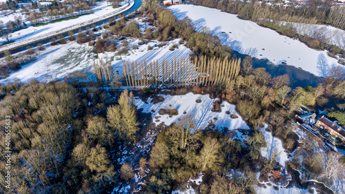 Aerial Drone winter photography of Didsbury Manchester Fletcher Moss