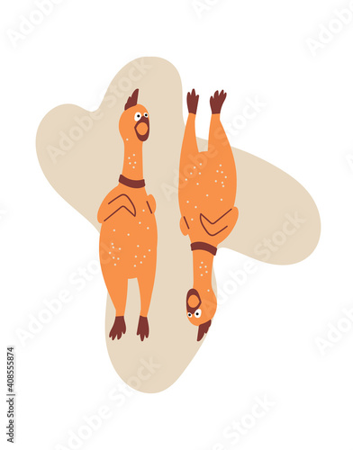 Vector cartoon illustration with rubber  chickens for print, poster, sticker or card.