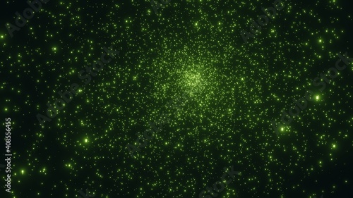 3d render of abstracted glowing green particles with black background
