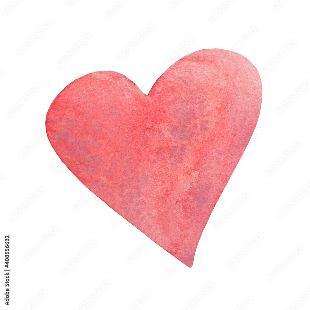 Watercolor textured pink heart on white background isolated. Hand-drawn illustration