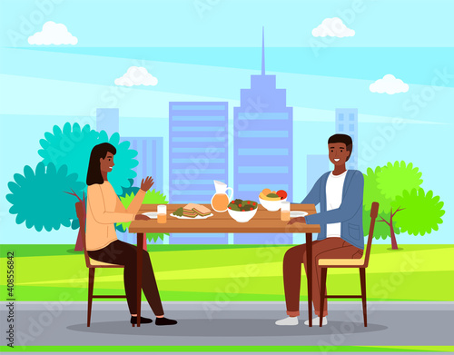 People on a date against the backdrop of city buildings. Couple eating natural fresh products. Man and woman communicating at dining table vector illustration. Table with fruit, salad and sandwiches
