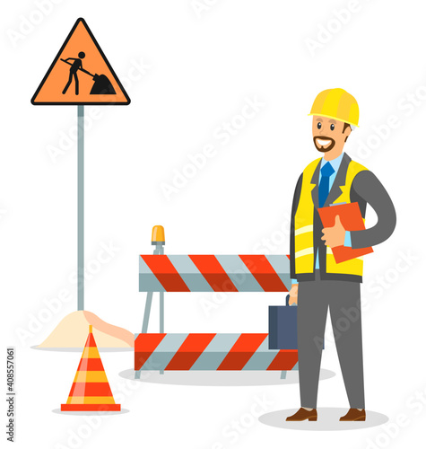 Foreman on the road repair section. Male engineer in hard hat. Maintenance and construction of pavement concept. Special equipment for fencing the way. Street barrier for roadwork and building