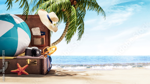 Fototapeta Naklejka Na Ścianę i Meble -  Unpacked travel suitcase on the beach anther the palm tree. Summer concept background 3D Rendering 