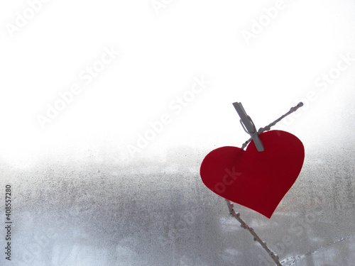 Red heart on a white twig against the background of a window