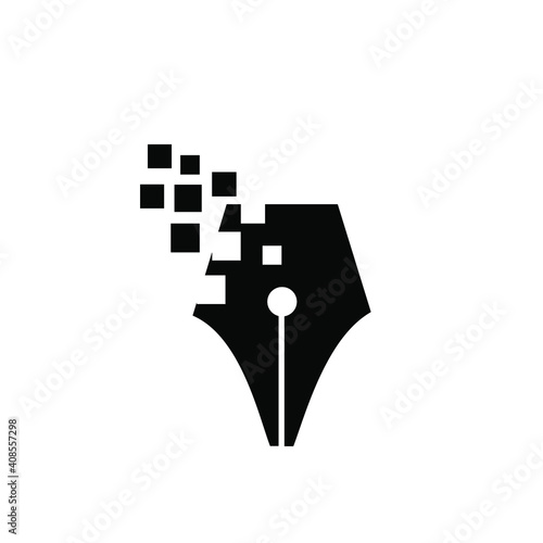 technology creative logo concept pen with pixel art vector illustration icon design