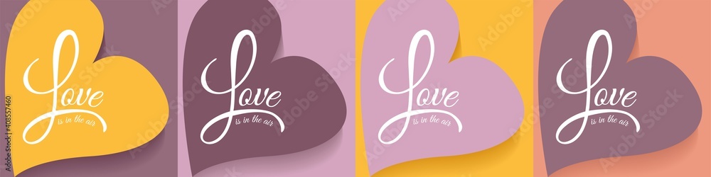 Set of Romantic vector postcard concepts with Love lettering on different backgrounds with heart shape.