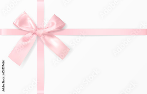 Greeting Card in the form of a Gift Box Cover top view. Glossy pink Bow Knot with two pink Ribbons isolated on white. Festive, Holiday Gift Decoration. Greeting Card template