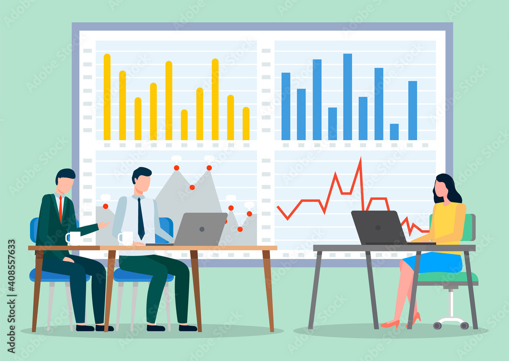 Business meeting, consideration of working issues. Working space office workers sitting at desks with laptops. Business people man and woman talking communication, discuss presentation graph and chart Business meeting, consideration of working issues. Working space office workers sitting at desks with laptops. Business people man and woman talking communication, discuss presentation graph and chart