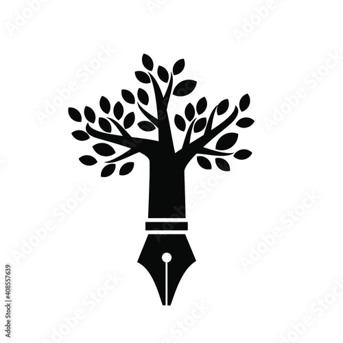 Abstract tree and pen logo, suitable for creative writing,  blogging, education, storytelling, and copywriting vector illustration icon design