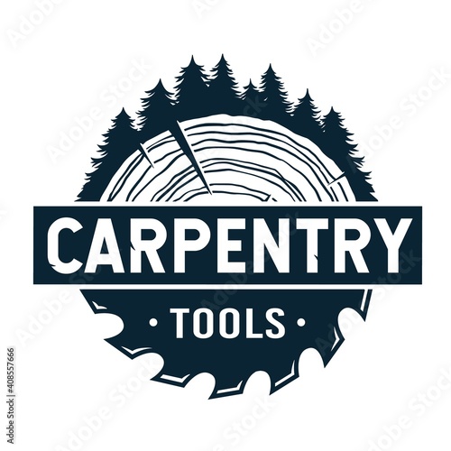 Wood carpentry logo. Saws for slice of tree. Monochrome emblem. Wooden stump and saw