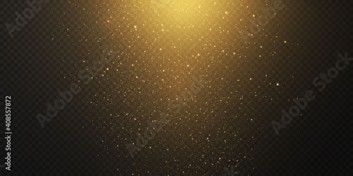 Christmas falling golden lights. Magic abstract gold dust and glare. Festive Christmas background. Abstract golden particles and glitter on a black background.