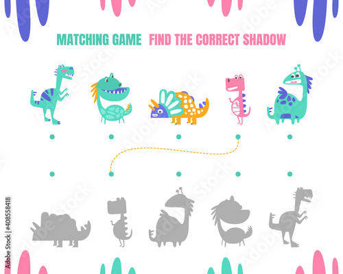 Find the Correct Shadow, Educational Matching Game for Kids with Cute Dinosaurs Vector illustration