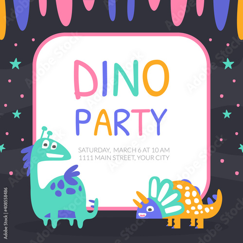 Dino Party Banner with Space for Text, Poster, Invitation Card, Flyer Design Template with Cute Funny Prehistoric Dinosaurs Cartoon Vector Illustration
