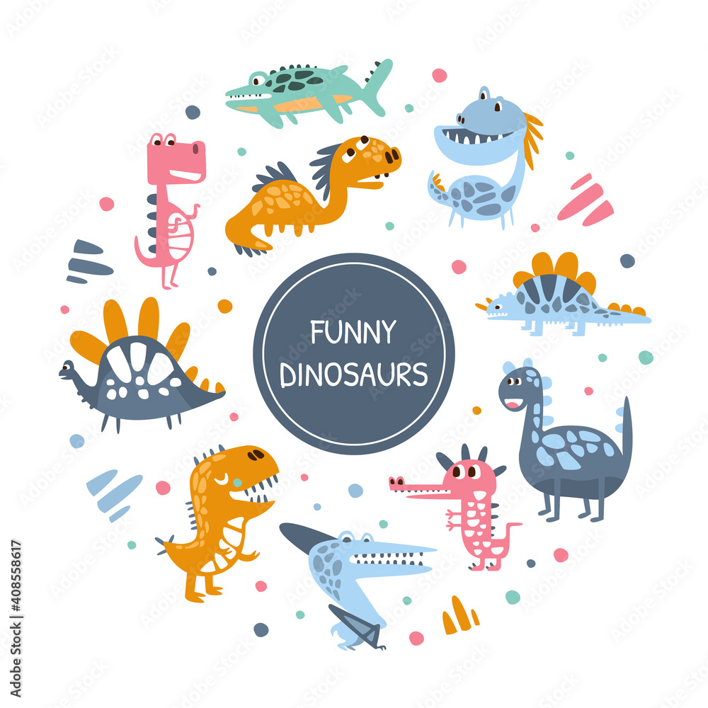 Funny Dinosaurs In Circular Shape Banner Cover Poster Invitation Card Flyer Design Template