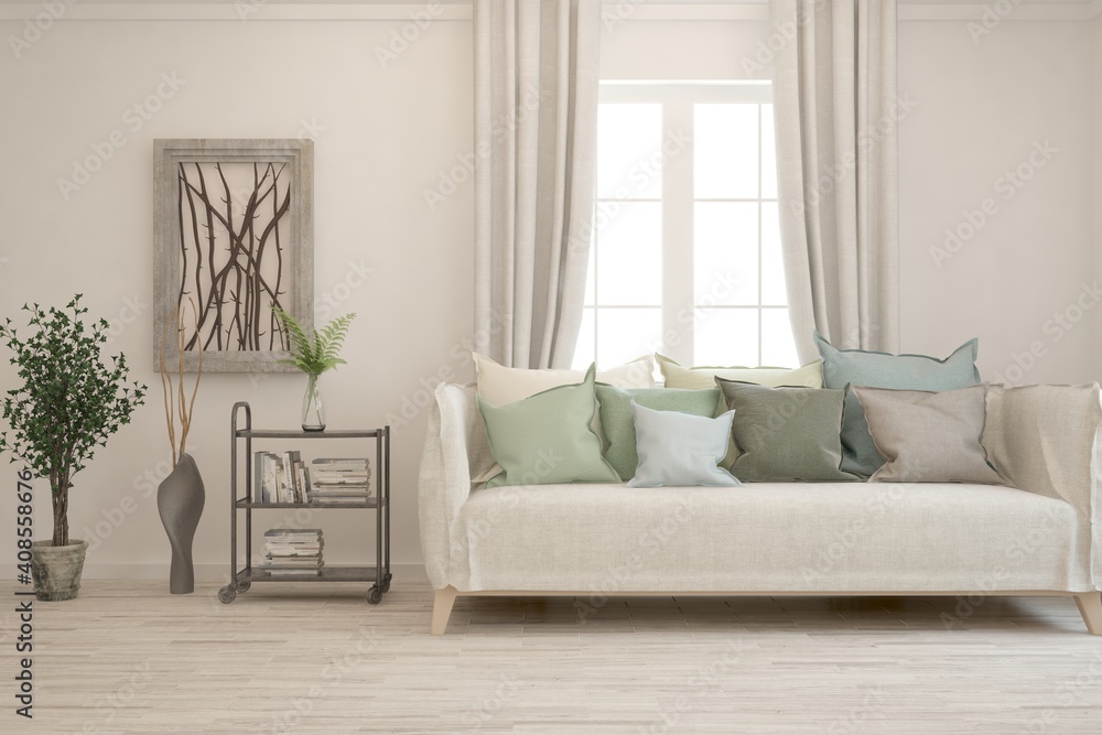 Fototapeta premium White living room with sofa. Scandinavian interior design. 3D illustration