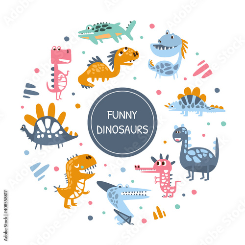 Funny Dinosaurs in Circular Shape Banner  Cover  Poster  Invitation Card  Flyer Design Template with Colorful Prehistoric Creatures Vector Illustration