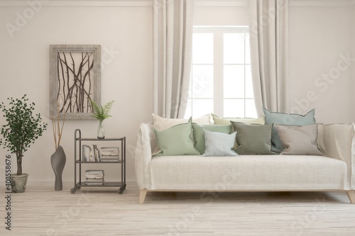 White living room with sofa. Scandinavian interior design. 3D illustration