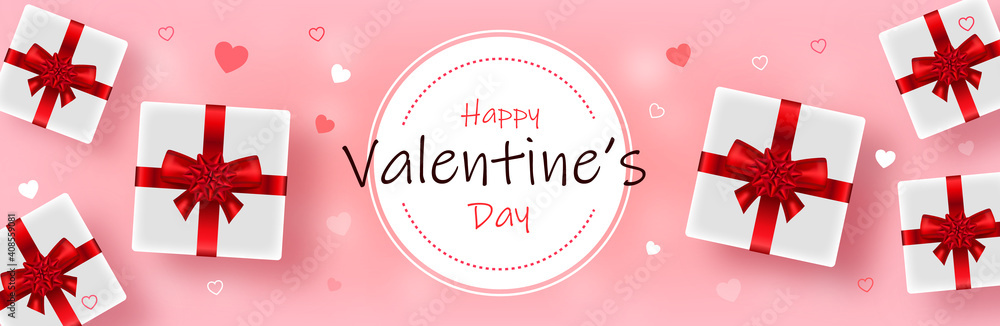 Valentines day background with hearts, gift boxes and text. 3D vector illustration.