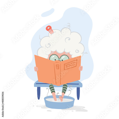 Для ИнтеGrandmother reading a book. Illustration in cartoon style. Quarantine activities.Things to do at home. Vector illustration.рнета