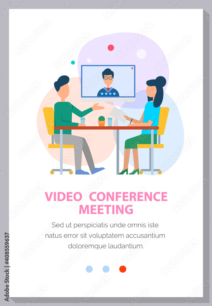 Video conference online. People on computer talking with colleague. People at business meeting. Boss on the moniitor screen is giving presentation for employees. Website landing page template Video conference online. People on computer talking with colleague. People at business meeting. Boss on the moniitor screen is giving presentation for employees. Website landing page template
