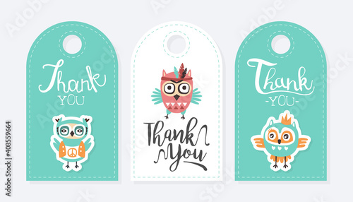 Thank You Card Templates Set with Cute Colorful Hand Drawn Owls, Collection of Tags Templates, Baby Shower, Birthday Card Design Vector Illustration