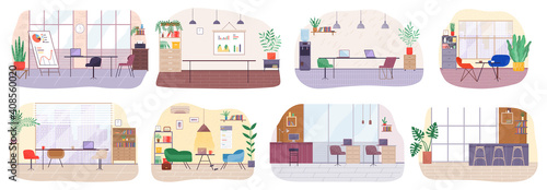 Workplace in office set. Cabinet with creative workspace. Furniture and equipment for the workplace of an employee or office worker. Modern open space interior, empty contemporary co working center