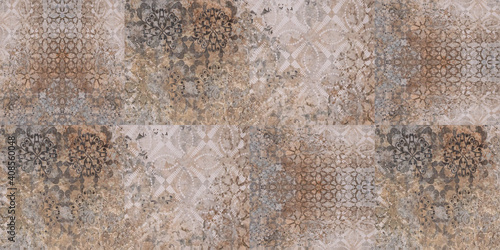 Old brown gray rusty vintage worn shabby patchwork square mosaic motif tiles stone concrete cement wall texture wallpaper background photo