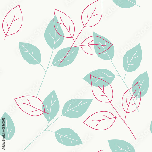 Seamless pattern with decorative blue twigs and leaf silhouette. Vector stock illustration.