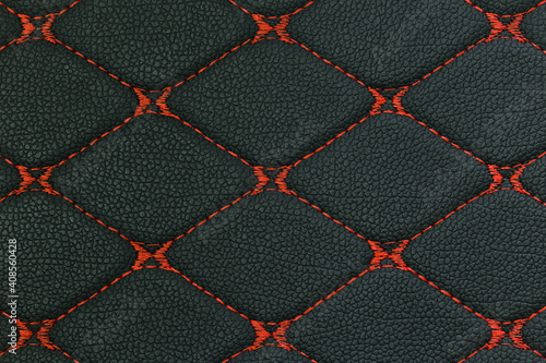 Stylish black square leather texture with red stitched line.