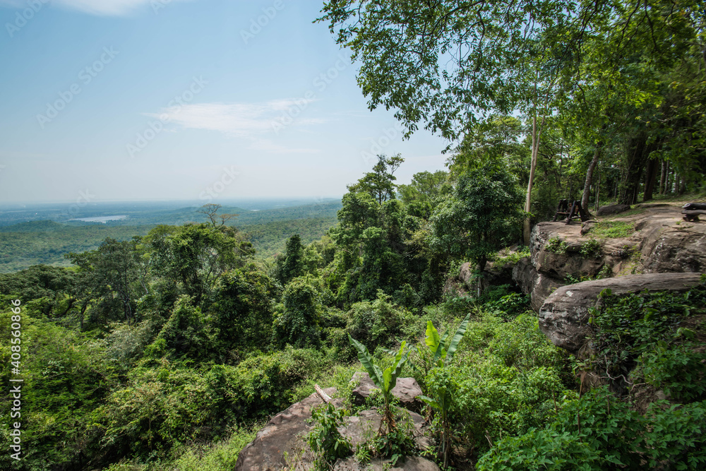 Viewpoint on Wat Phra That Phu Phek The ancient Khmer stone castle in Sakon Nakhon Province, Thailand