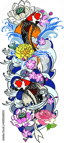 hand drawn koi fish with flower tattoo for Arm.Colorful Koi carp with Water splash,lotus and peony flower.Japanese tattoo and illustration for coloring book.Asian traditional tattoo design.