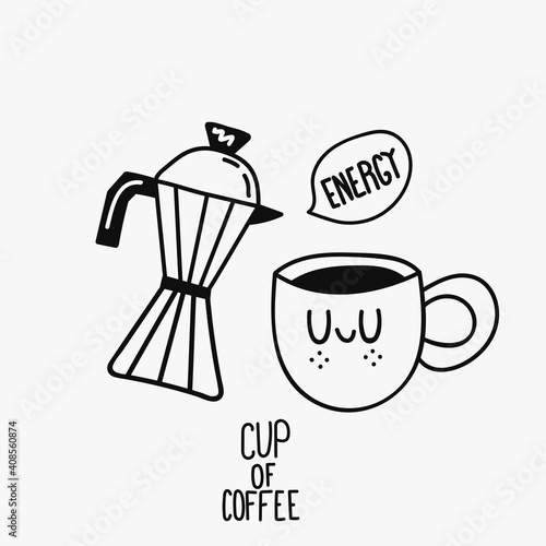Pot for coffe with cup character hand drawn doodle vector illustration. Black icon