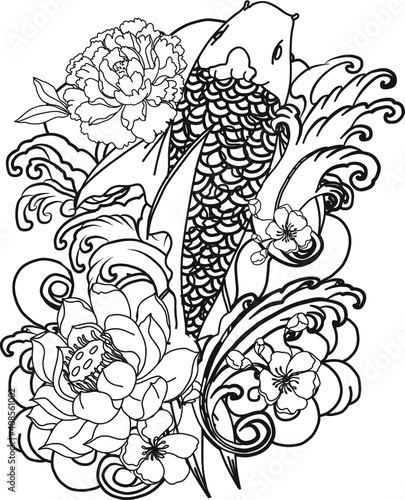 hand drawn koi fish with flower tattoo for Arm.Colorful Koi carp with Water splash,lotus and peony flower.Japanese tattoo and illustration for coloring book.Asian traditional tattoo design.