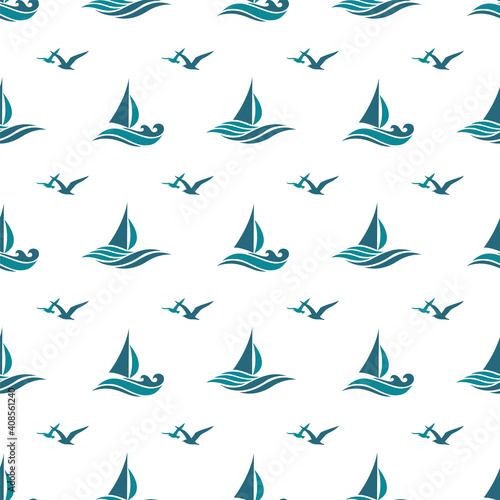 yacht seamless pattern with sea waves isolated on white background