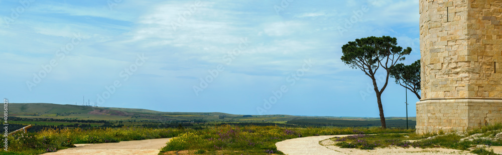 panoramic view from the Castel del Monte at Puglia into the landscape until the mountain Monte Ripanno, Italy