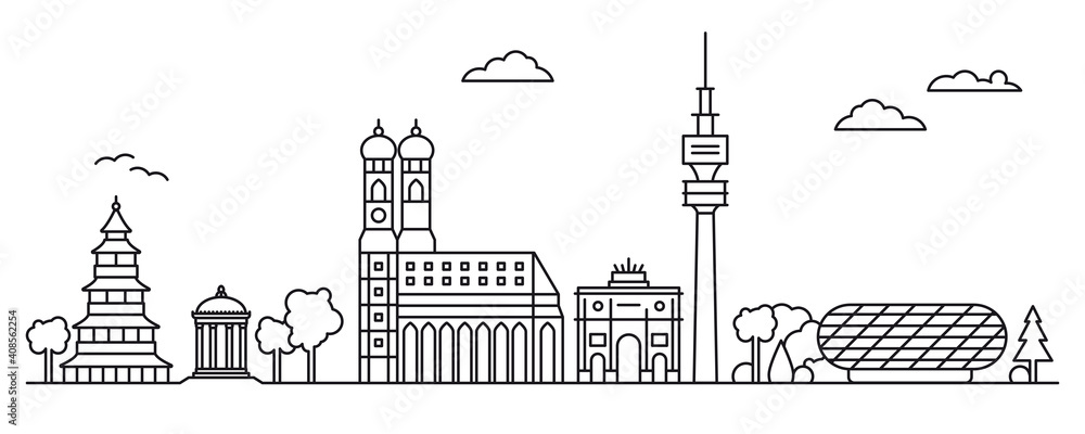 Naklejka premium Munich cityscape line art illustration. Frauenkirche Cathedral, Chinese Tower, Television Tower and other landmarks of Bavarian capital in panoramic vector.
