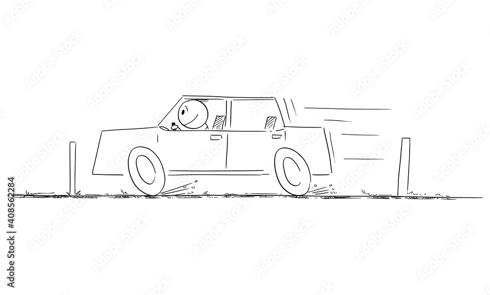 Car moving fast on the road, driver is smiling and enjoying the speed, vector cartoon stick figure or character illustration.