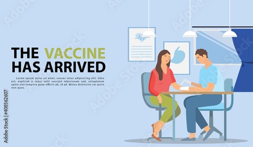 Template of a woman doctor and a man doctor injecting a female patient with the coronavirus vaccine. vaccine concept. flyer with text "the vaccine has arrived". Vector illustration