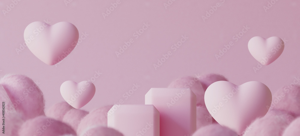 Minimal mockup background for product presentation. Pink podium with cloud on pink background. Clipping path of each element included. 3d rendering illustration.