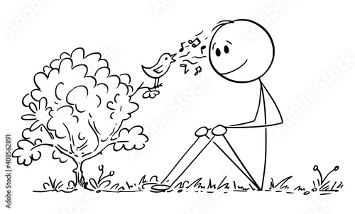 Man watching bird singing on the bush, enjoying nature, vector cartoon stick figure or character illustration.