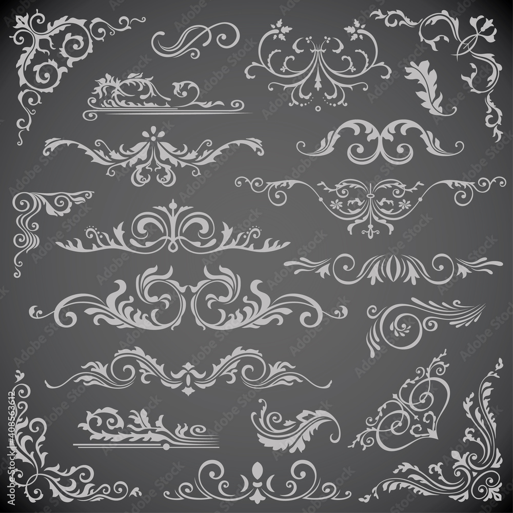 Dark set of Swirl Elements for Frame Design. Calligraphic page decoration, Labels, banners, antique and baroque Frames floral ornaments. Wedding Dark set of Swirl Elements for Frame Design. Calligraphic page decoration, Labels, banners, antique and baroque Frames floral ornaments. Wedding