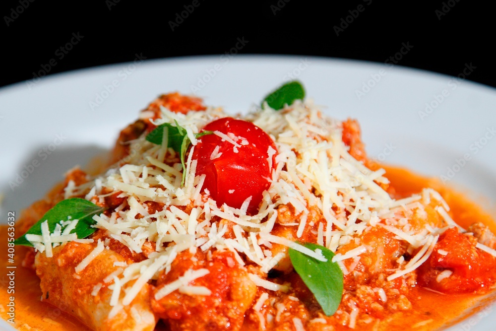 Massa bolonhesa dos espaguetes com molho de tomate, filé de carne, filé frango, vegetais, legumes e carne triturada. Massa bolonhesa dos espaguetes com molho de tomate, filé de carne, filé frango, vegetais, legumes e carne triturada.