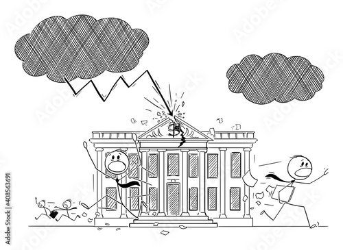 Bank building hit by lightning during storm, bankers and businessmen are running in panic, concept of financial crisis. vector cartoon stick figure or character illustration.
