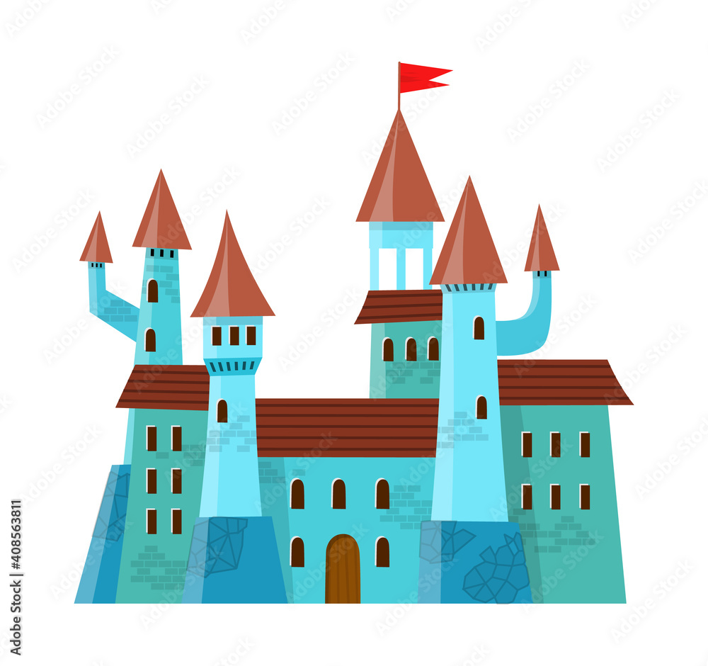 Fairy medieval castle in cartoon style on white background is insulated