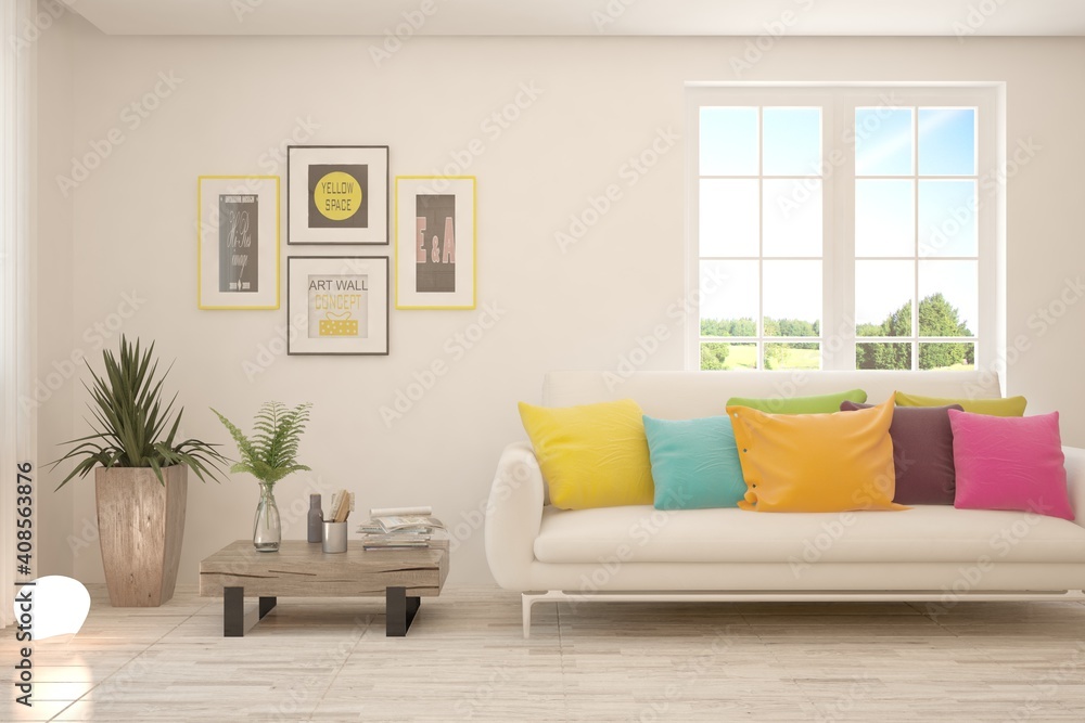 Fototapeta premium White living room with sofa and summer landscape in window. Scandinavian interior design. 3D illustration