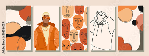 Set of Man's Face minimalist collage abstract contemporary fashion in a modern trendy colors. photo