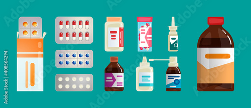 Pharmacy set items. Medicines, medical products. Vector illustration in flat cartoon style.