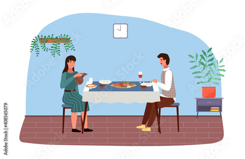 People in dating relationships at lunch in Georgian cafe. Georgians in theme restaurant eats khinkali and adjarian khachapuri. Man and woman communicating at dining table vector illustration