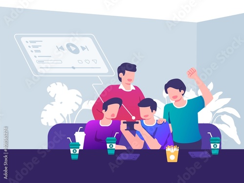 group of people watching live streaming on smart phone concept flat illustration