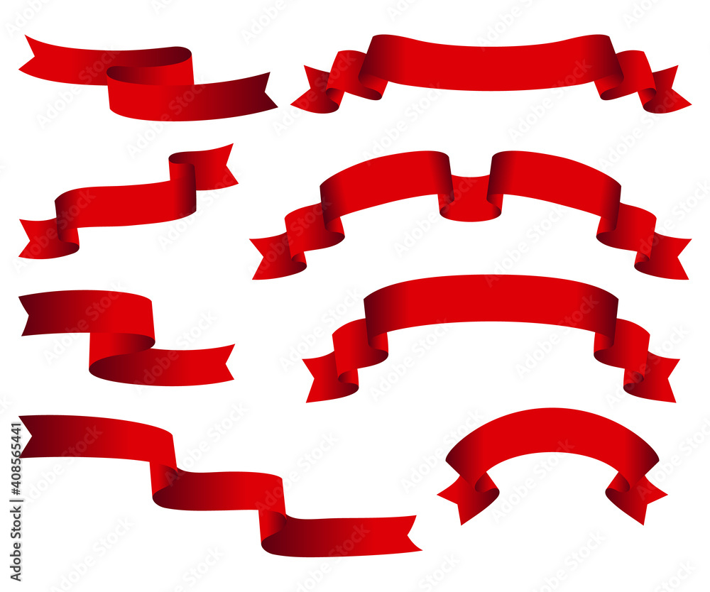 Red glossy ribbon banners set. Ribbons collection isolated on white background